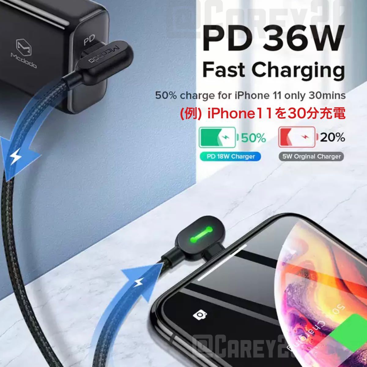 L字型 PD Lightningケーブル iPhone iPad 急速充電 ライトニングケーブル 充電器 1.2m Apple対応