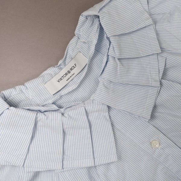  есть перевод специальная цена!USED*VIKTOR & ROLF/ Victor & Rolf /40/S~M соответствует / Италия производства воротник дизайн короткий рукав полоса рисунок блуза / голубой / бледно-голубой / модный 