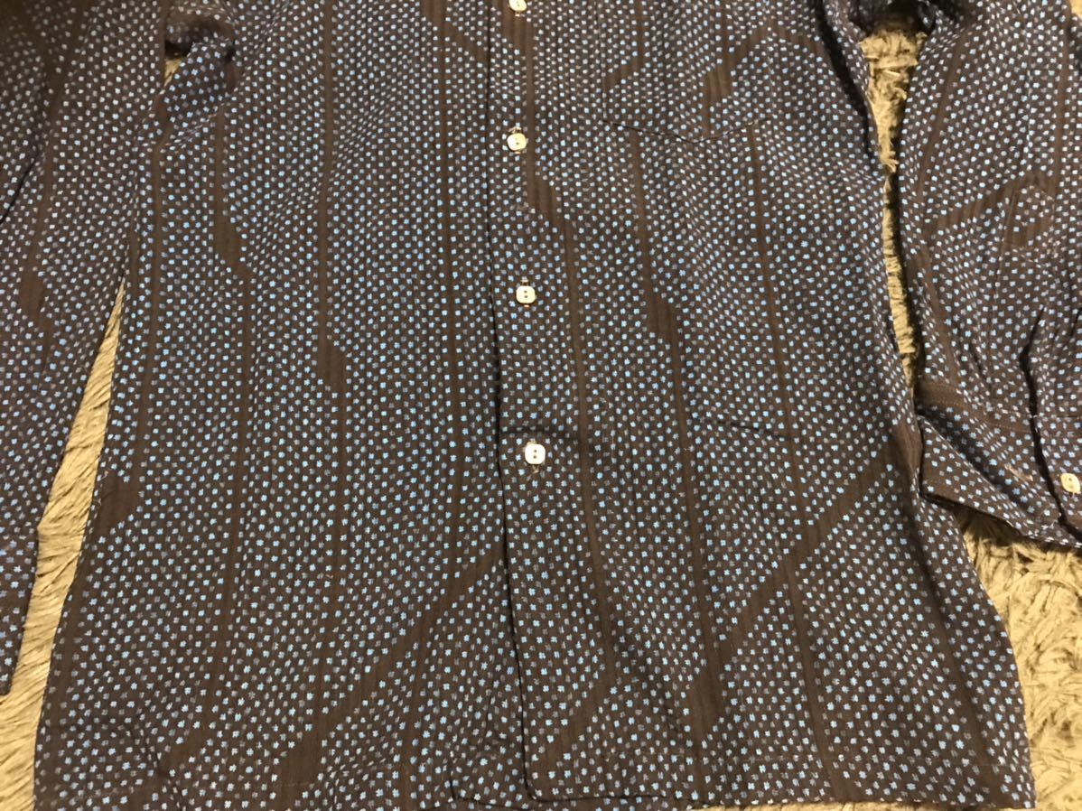 古着 日本製 ハイ シャラク 不思議柄 奇抜 幾何学模様 柄シャツ 長袖 青系 細身 長袖シャツ ビンテージ 70s 80sの画像3