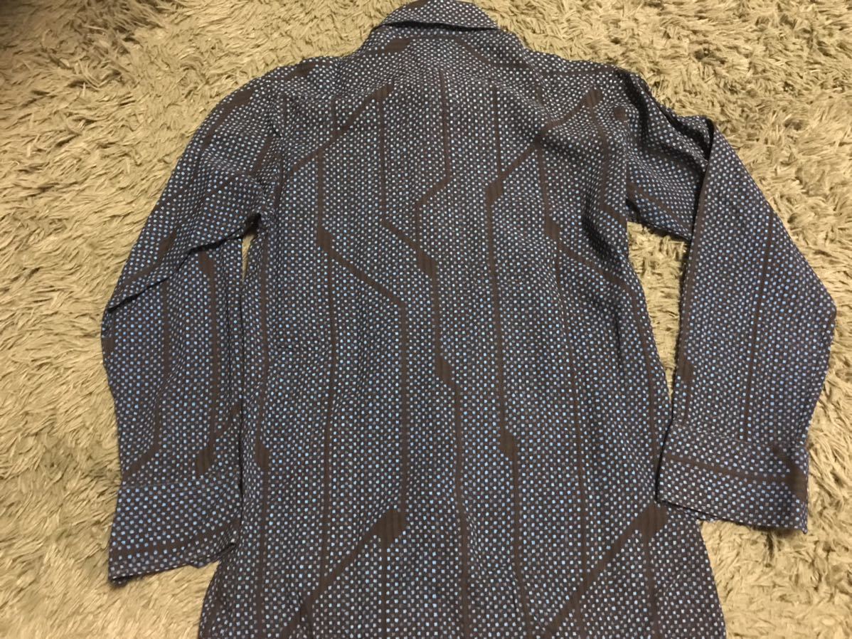 古着 日本製 ハイ シャラク 不思議柄 奇抜 幾何学模様 柄シャツ 長袖 青系 細身 長袖シャツ ビンテージ 70s 80sの画像5
