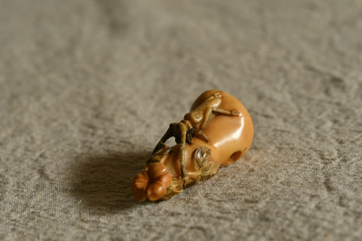 【古美術】瀬仙？ カミキリムシ 根付 天牛 昆虫 瓢箪 花 ひょうたん 骨董 Netsuke アンティーク レトロ 牙_画像4