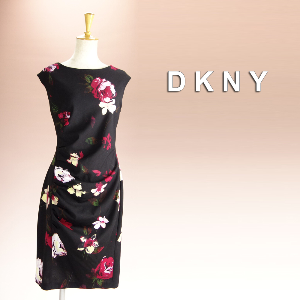 新品 DKNY 10/15号 ダナキャラン 黒 赤 花柄 薔薇 ワンピース パーティ 