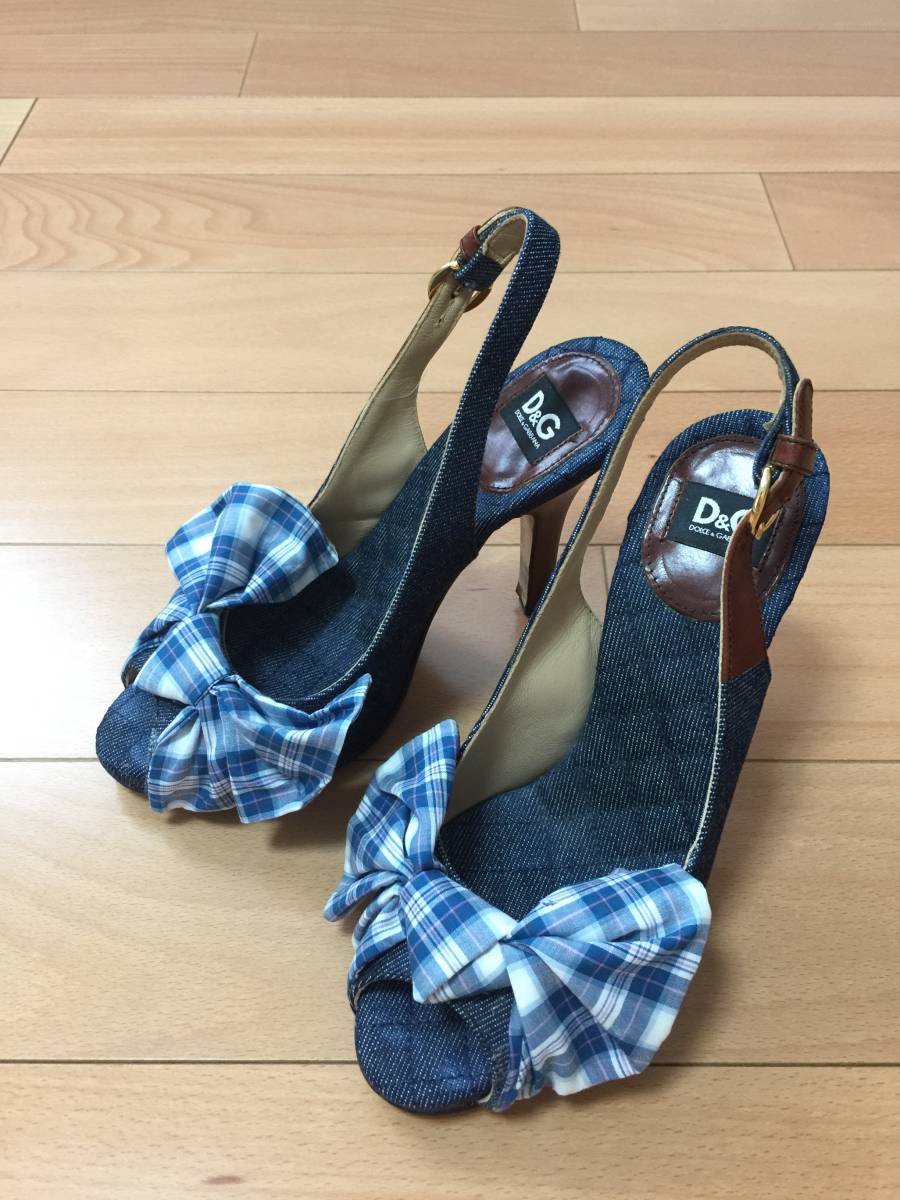 *Dolce&Gabbana Dolce & Gabbana heel sandals check ribbon 36 navy Denim cloth Italy made lady's D&G shoes buckle *