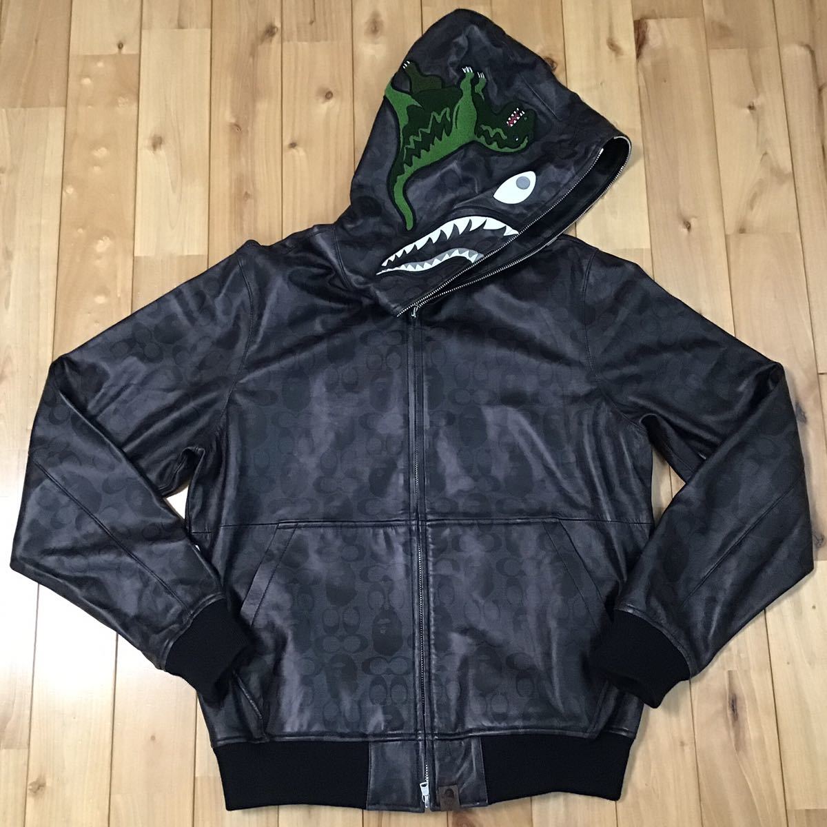 ★定価以下★ COACH BAPE LEATHER SHARK FULL ZIP HOODIE JACKET Lサイズ a bathing ape レザー シャーク パーカー エイプ ベイプ コーチ_画像1