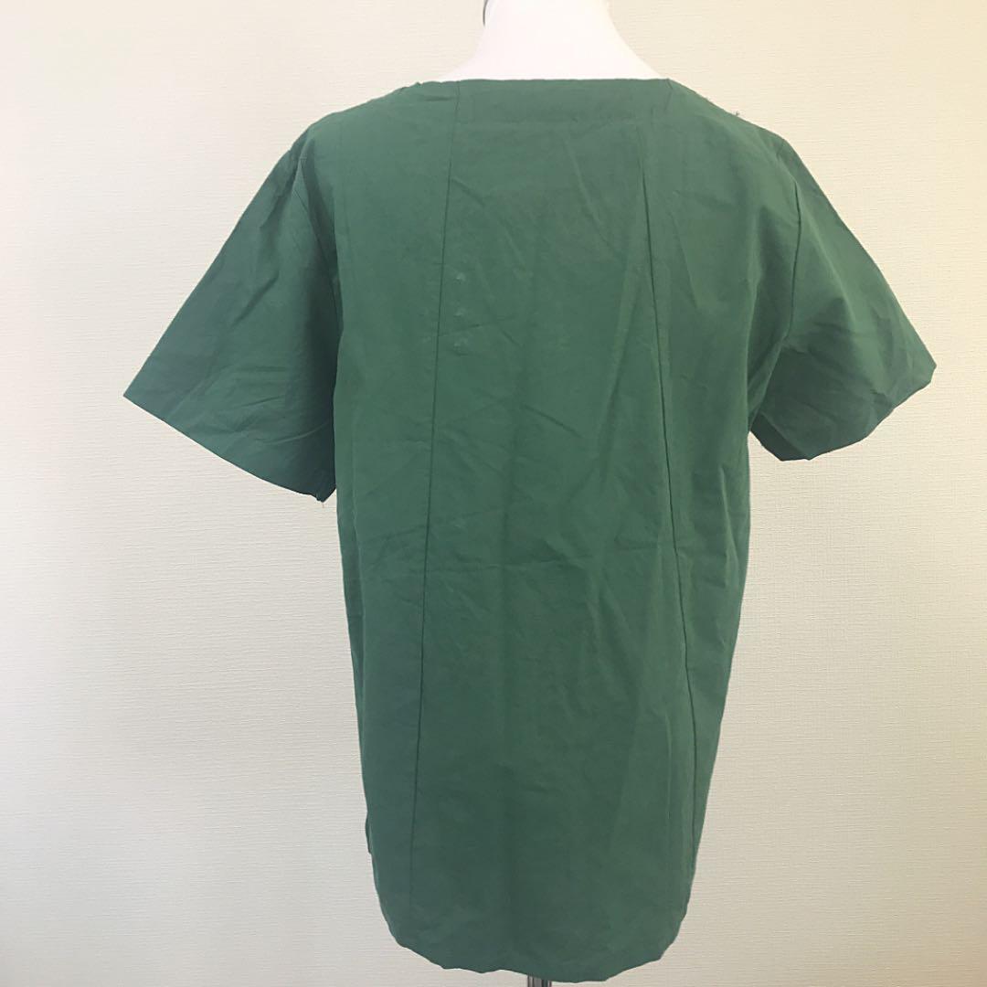半袖 コットンカットソー レディース グリーン 緑 ボタンデザインTシャツ