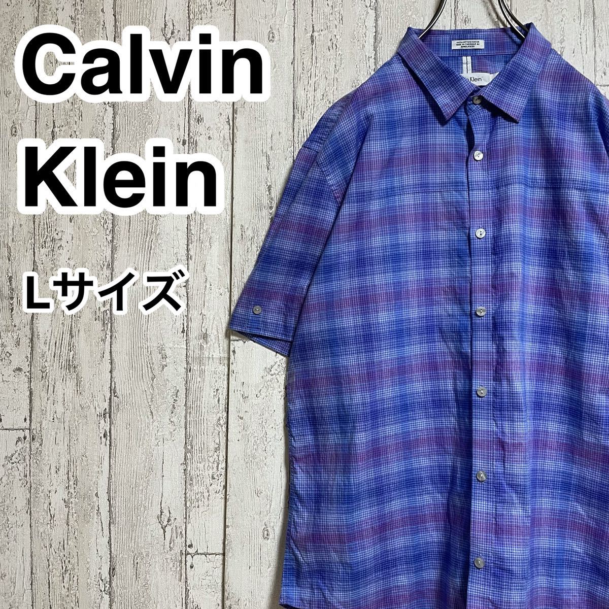 * free shipping * Calvin Klein Calvin Klein check shirt short sleeves L size b LOOPER pull Logo button 21-198