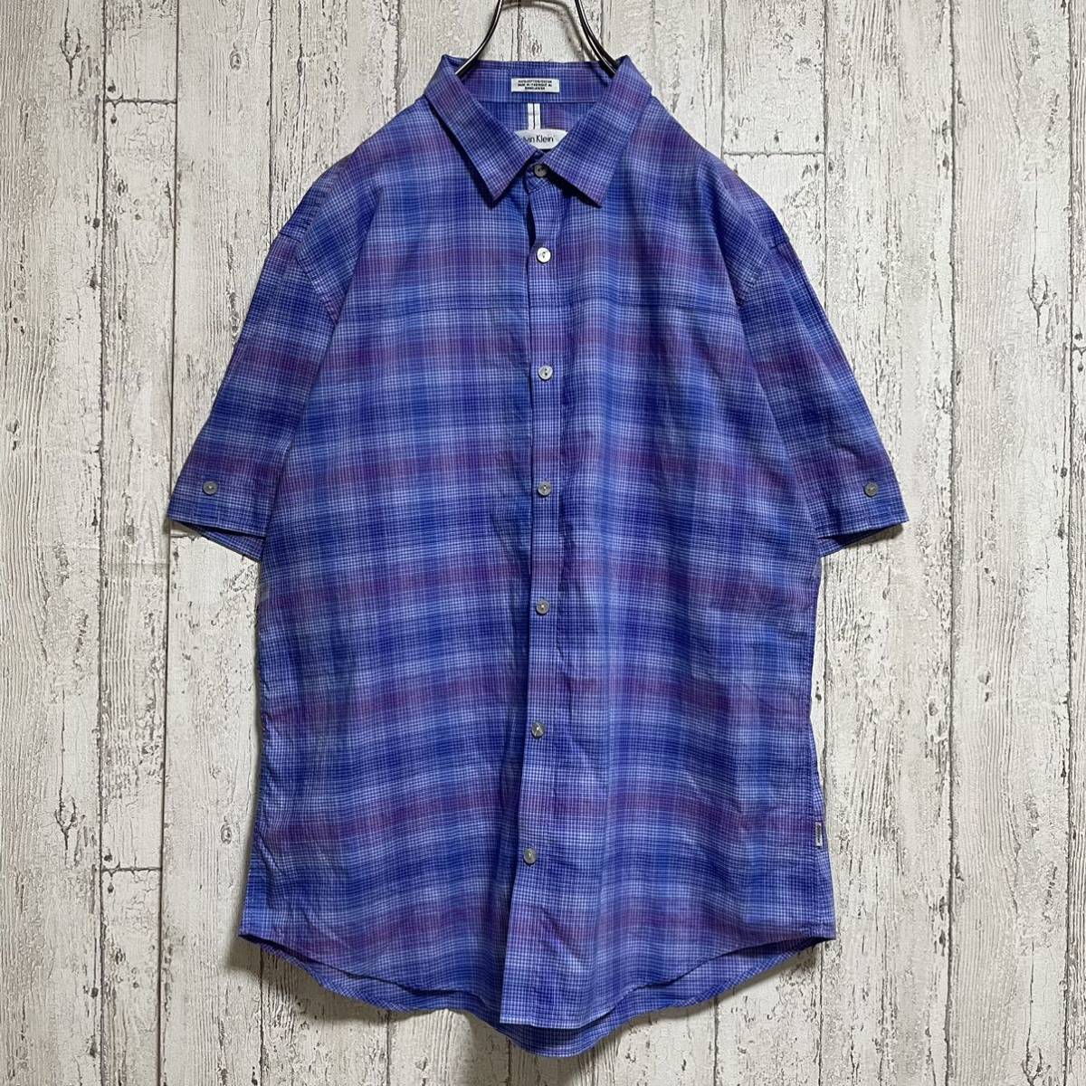 * free shipping * Calvin Klein Calvin Klein check shirt short sleeves L size b LOOPER pull Logo button 21-198