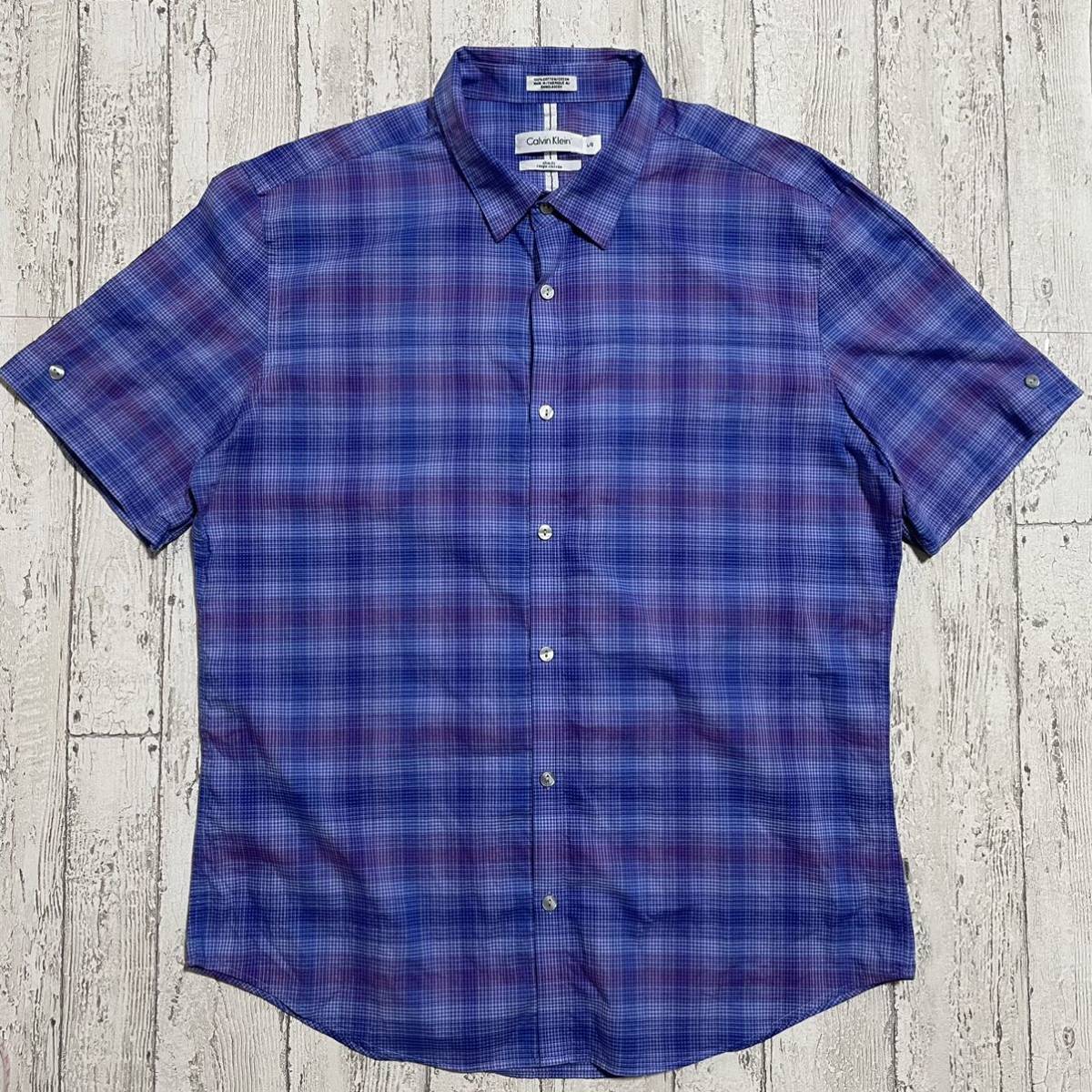 * free shipping * Calvin Klein Calvin Klein check shirt short sleeves L size b LOOPER pull Logo button 21-198