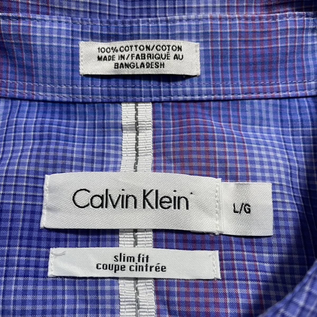 * free shipping * Calvin Klein Calvin Klein check shirt short sleeves L size b LOOPER pull Logo button 21-198