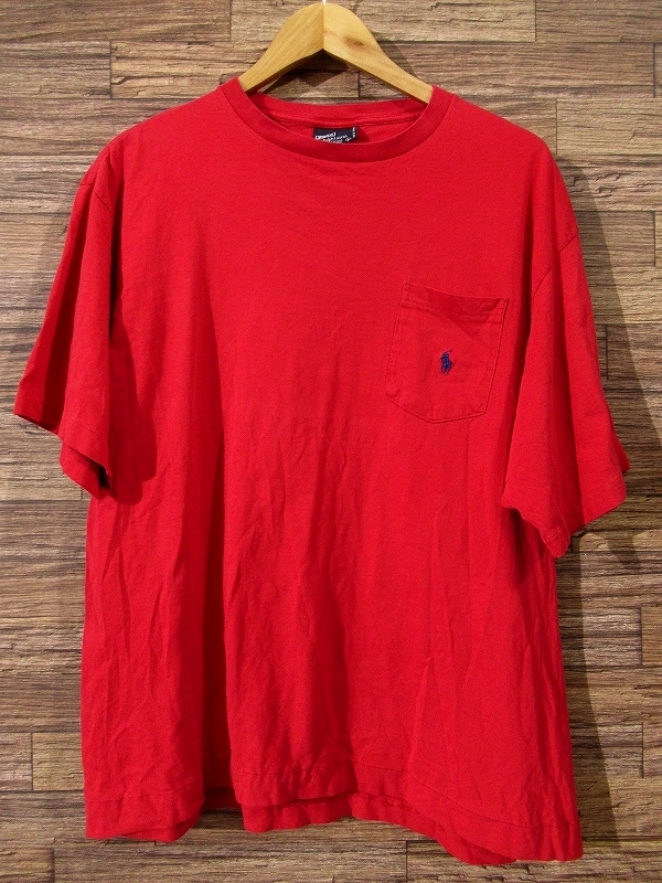 G② 送料無料 90s OLD 90年代 USA製 米国製 POLO RALPH LAUREN ポロ ラルフローレン 胸ポケ付き 半袖 クルーネック Tシャツ 赤 L_画像2