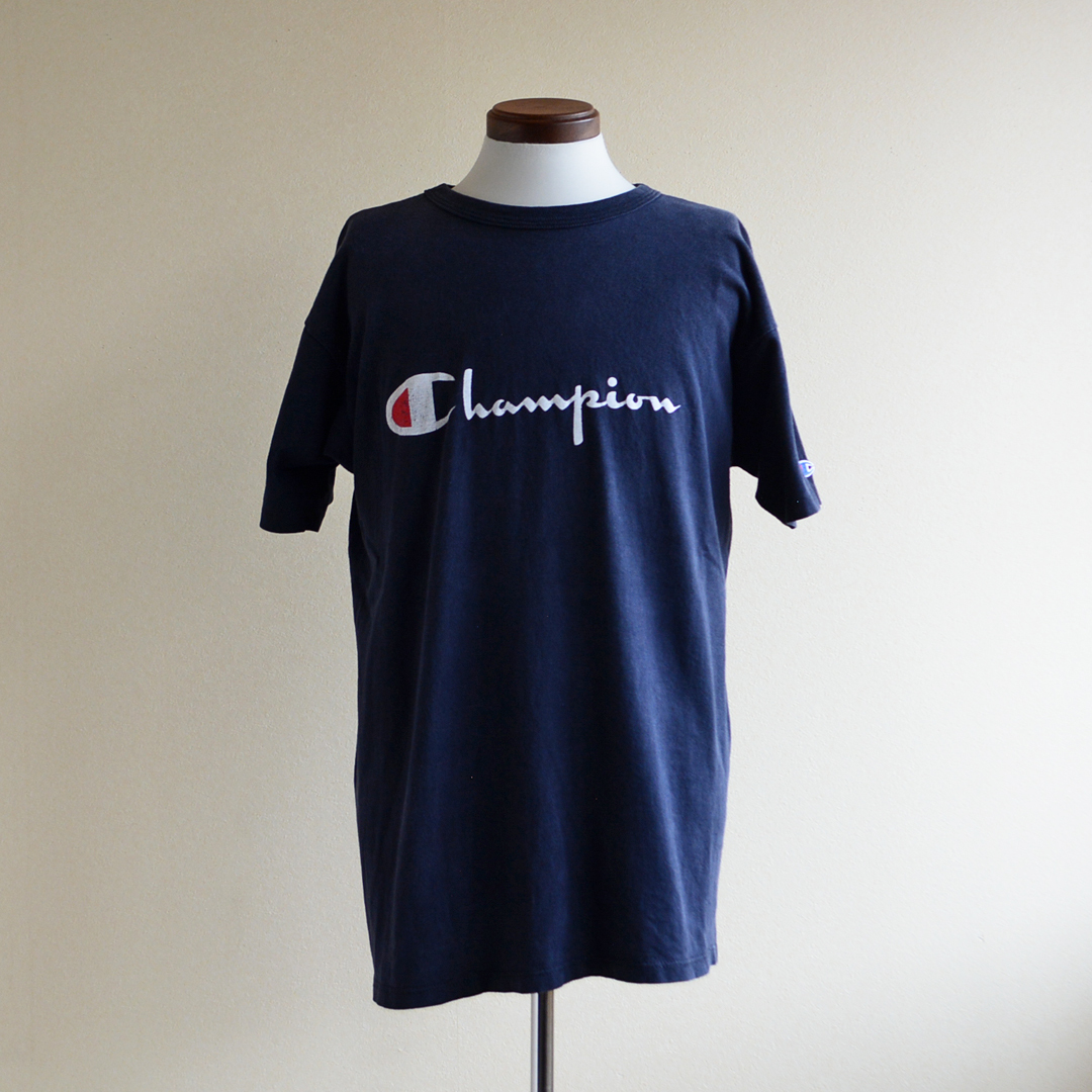 90s Champion ロゴプリントTシャツ MADE IN USA 黒に近い濃紺 XL / デカロゴ ビンテージ チャンピオン 古着