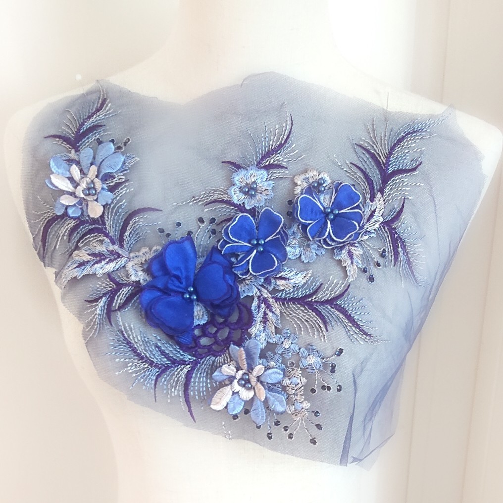 【F205】アンティーク ブルー 刺繍 お花 モチーフレース