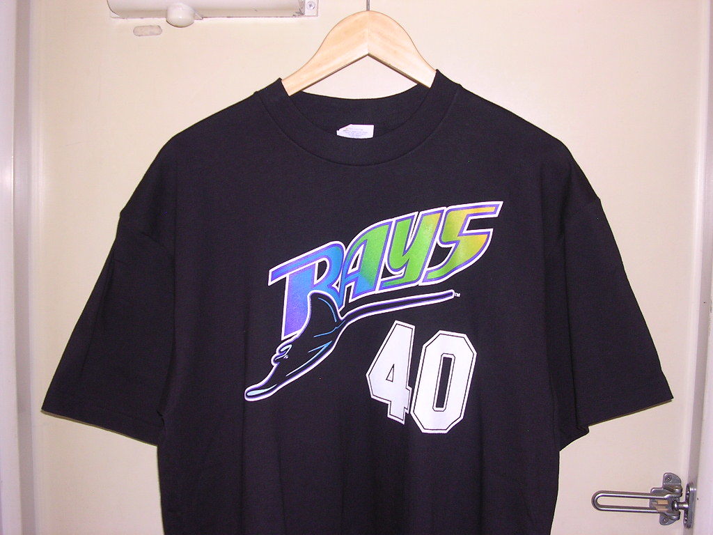 美品 90s USA製 Majestic MLB Tampa Bay Devil Rays #40 ALVAREZ Tシャツ XL 黒 vintage old レイズ ナンバリング デビルレイズの画像4
