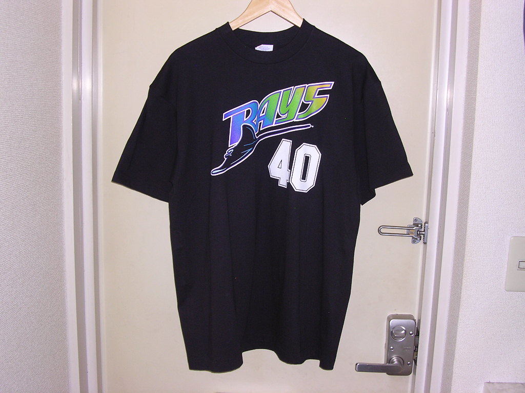 美品 90s USA製 Majestic MLB Tampa Bay Devil Rays #40 ALVAREZ Tシャツ XL 黒 vintage old レイズ ナンバリング デビルレイズの画像6