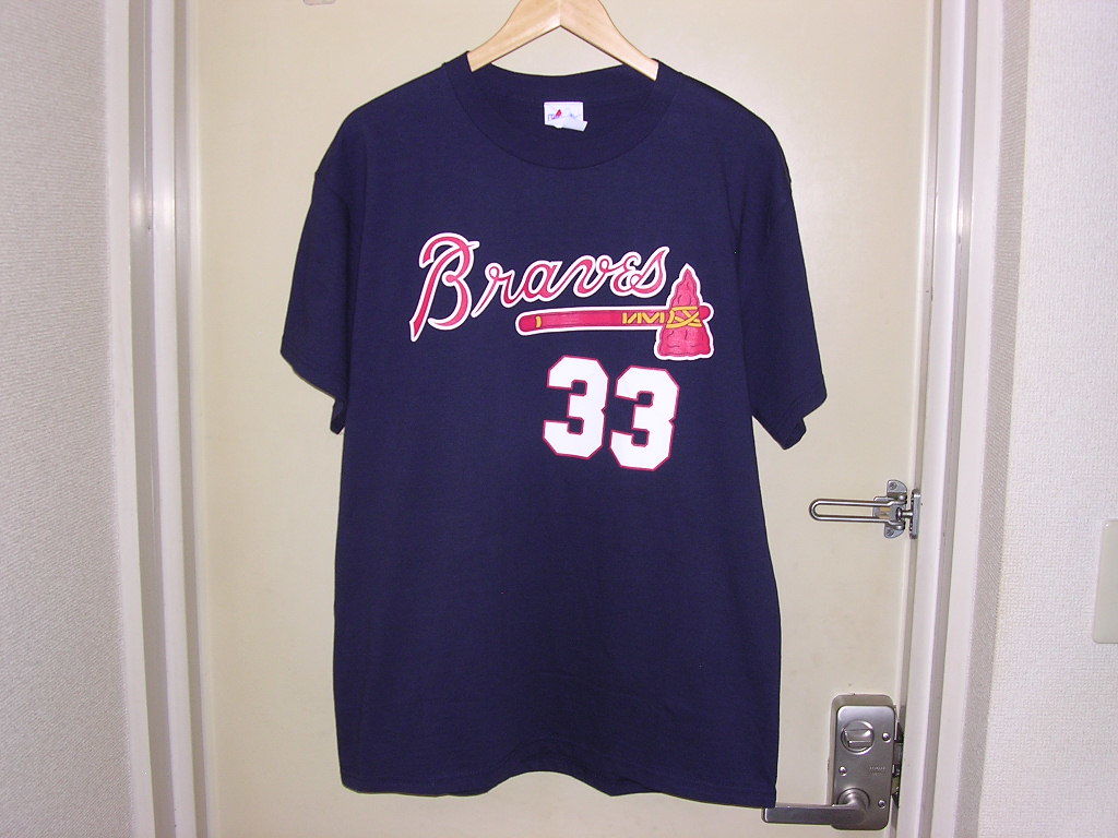 美品 90s 00s Majestic MLB Atlanta Braves #33 JORDAN Tシャツ L vintage old ブレーブス ナンバリングの画像6