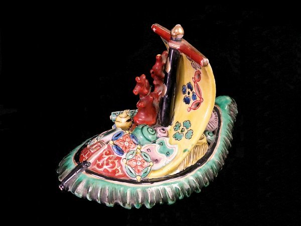 fbdi-D987m 古伊万里 色絵 寶像香爐 宝船香炉 宝尽くし香炉 合箱