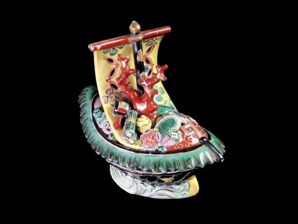 fbdi-D987m 古伊万里 色絵 寶像香爐 宝船香炉 宝尽くし香炉 合箱
