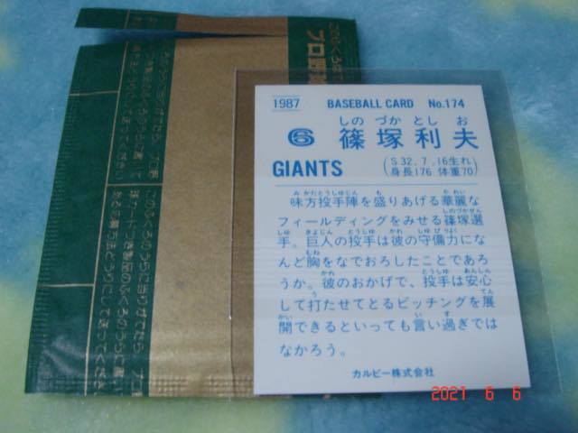 激レア 未開封・開封品・袋付き カルビー87年 プロ野球カード NO.174 （篠塚／巨人） 極美品_画像2