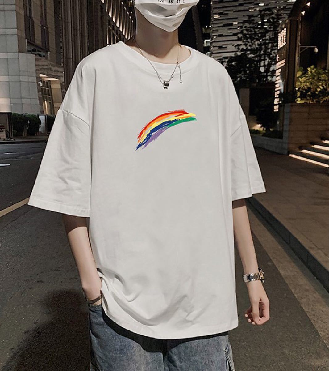 Paypayフリマ 韓国メンズトップス シンプル虹プリントtシャツ L 白ホワイト Paypayフリマ 韓国メンズトップス シンプル虹プリントtシャツ L 白ホワイト