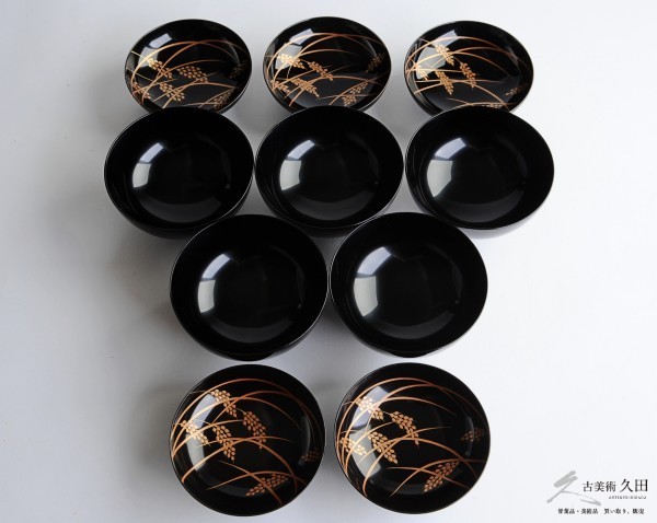 輪島塗 木地黒漆塗金蒔絵稲穂図 吸物椀 10客セット 箱付 茶道具 懐石