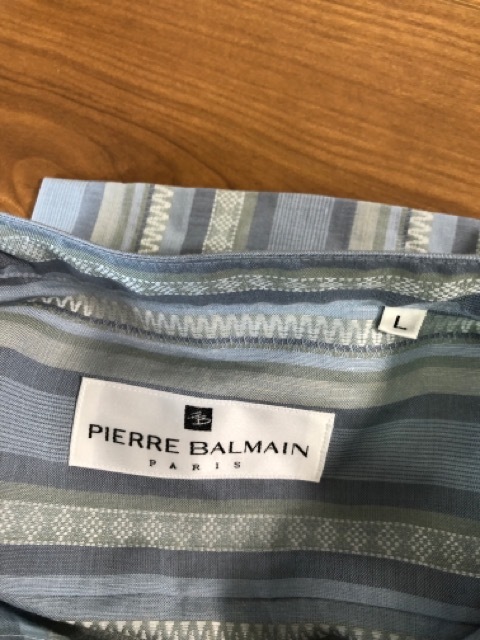 未使用タグ付◆PIERRE BALMAIN ピエールバルマン ノーカラー　半袖シャツ　ボックスカット　綿麻　ボーダー　日本製_画像6