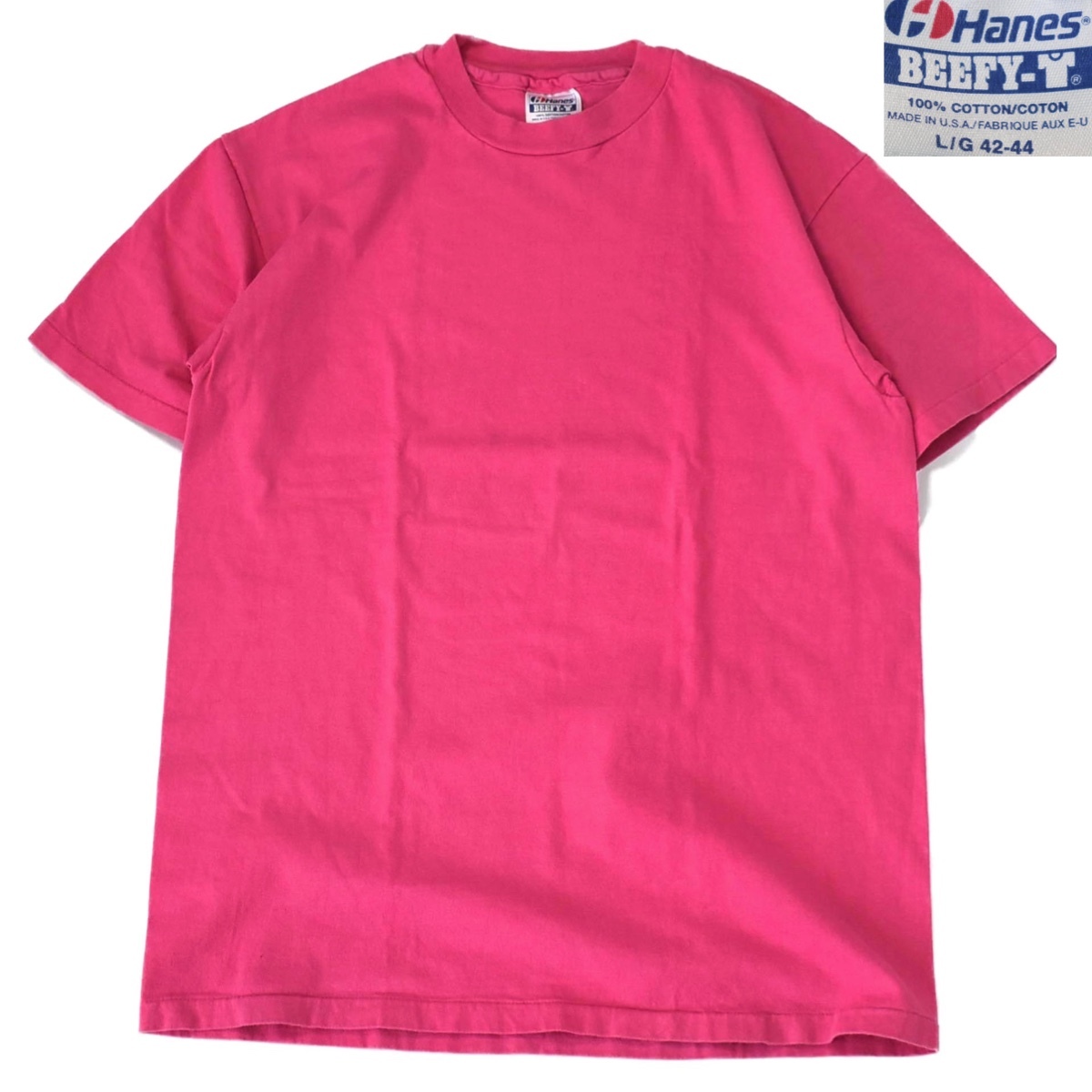[L] 90s Hanes BEEFY 無地 Tシャツ コットン USA製 ピンク ヘインズ ビーフィー 半袖 ビンテージ vintage 80s 70s_画像1