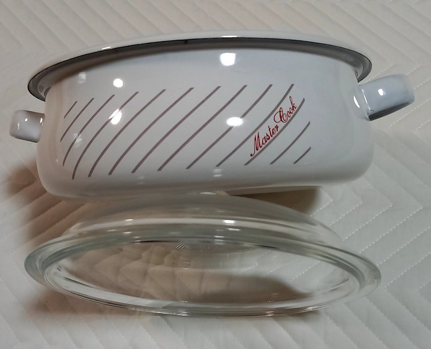 #Master Cook 浅型ホーロー両手鍋、NEOREX 耐熱ガラス蓋付き 外径24.5cm