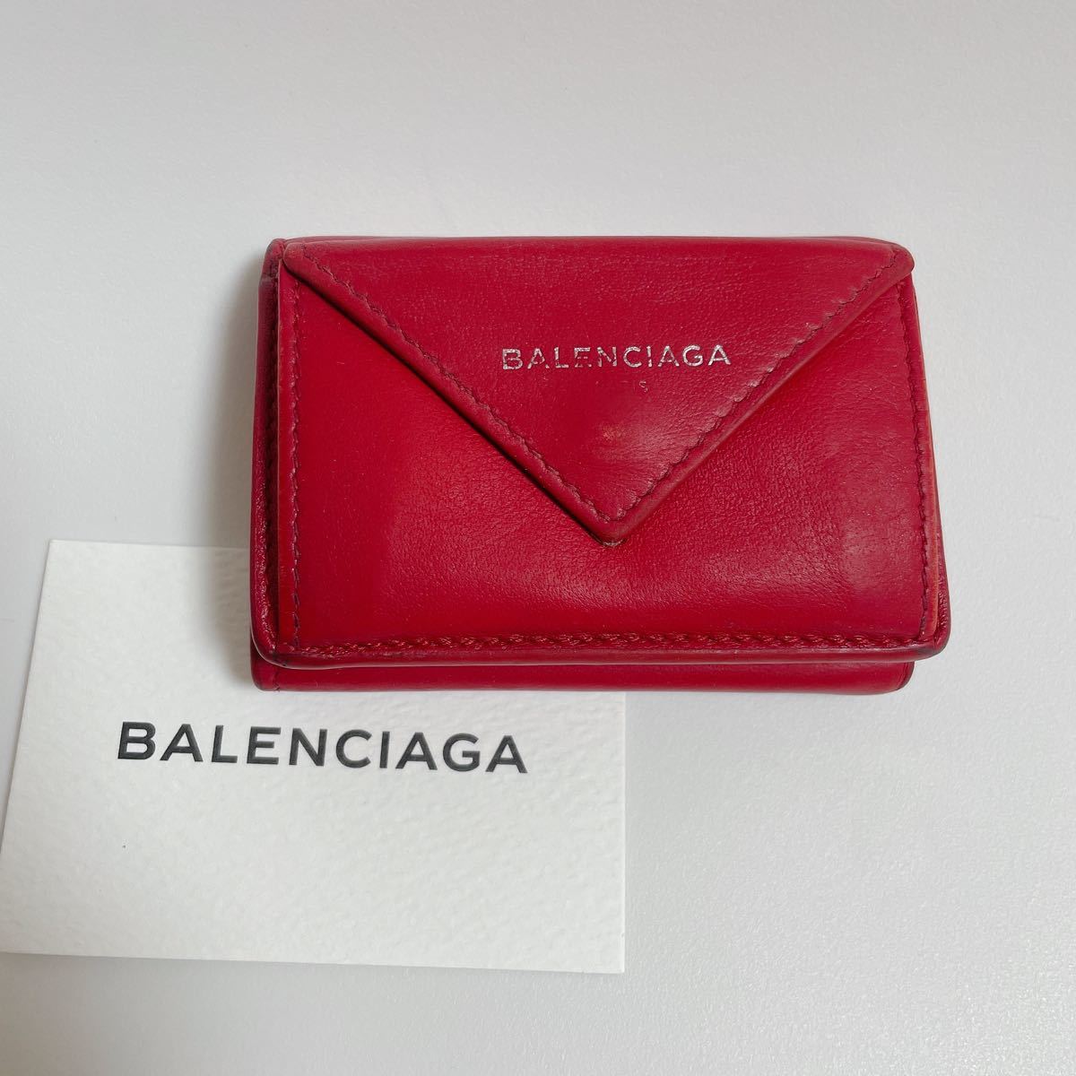 BALENCIAGA バレンシアガ ペーパーミニウォレット三つ折り財布 レザー 本革 レッド 赤 紗栄子