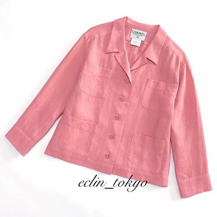 【E2987】CHANEL シャネル 96P vintage ビンテージ《大人気のピンク色》ココマーク ボタン ジャケット 38 リネン linen pink jacket