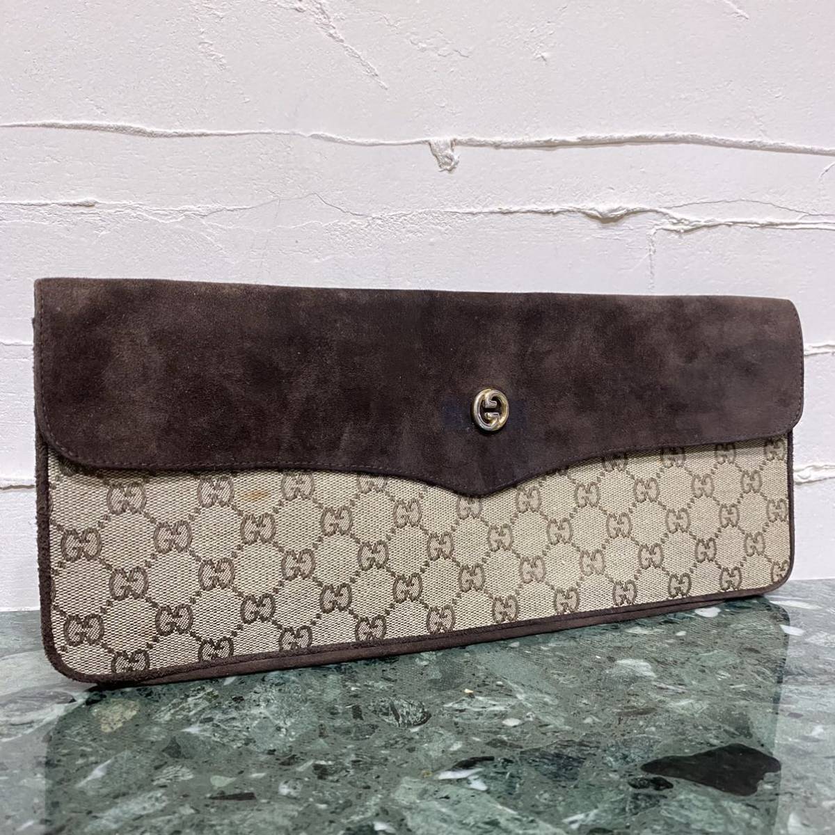 希少モデル OLD GUCCI クラッチバッグ セカンドバッグ GG金具 GG柄 PVCレザー オールドグッチ ヴィンテージバッグ インサイドアウト