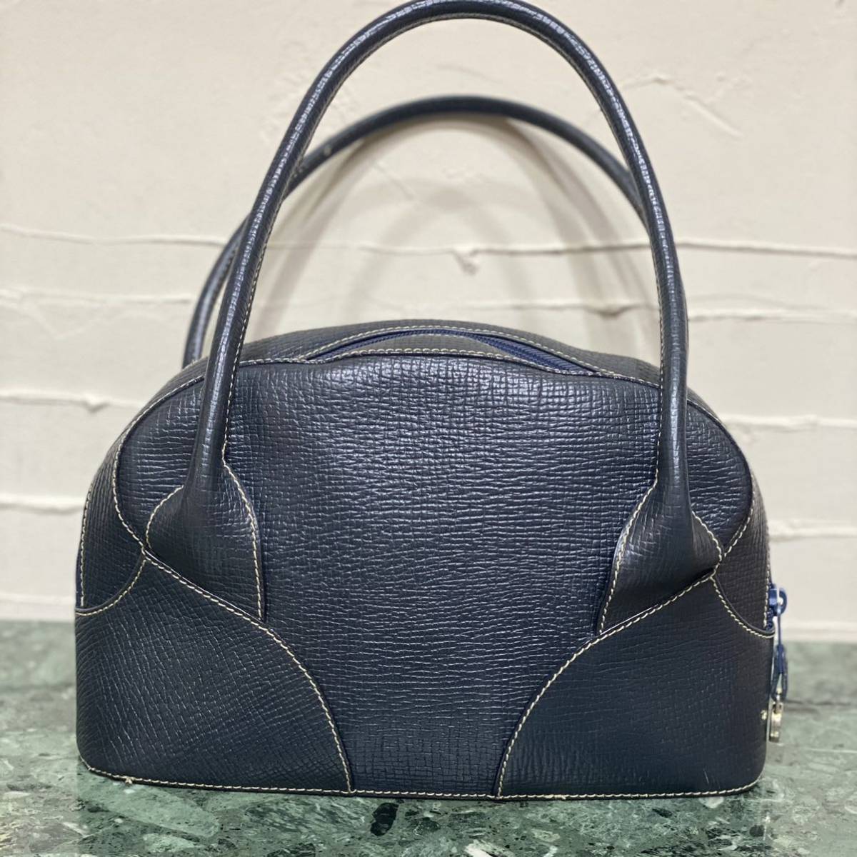 良品 LOEWE 型押しレザー ハンドバッグ ネイビー系 紺色 ヴィンテージ