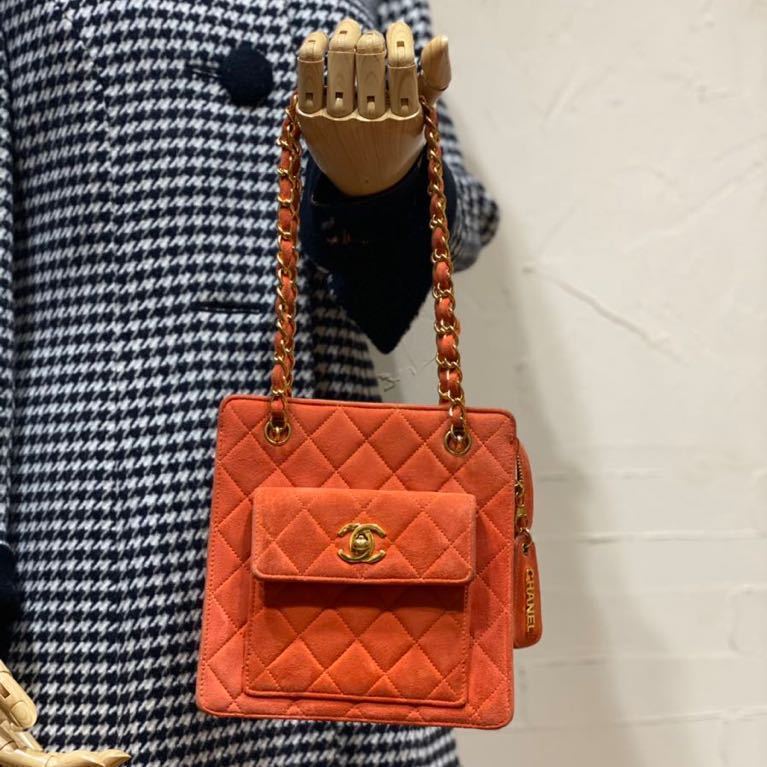 激レア 希少カラー VINTAGE CHANEL スエードレザーショルダーチェーンバッグ ターンロック金具 ハンドバッグ ミニマトラッセ オレンジ