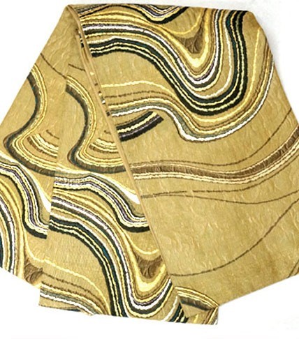 中古 良品 袋帯 正絹 となみ帯 黄土色_画像1