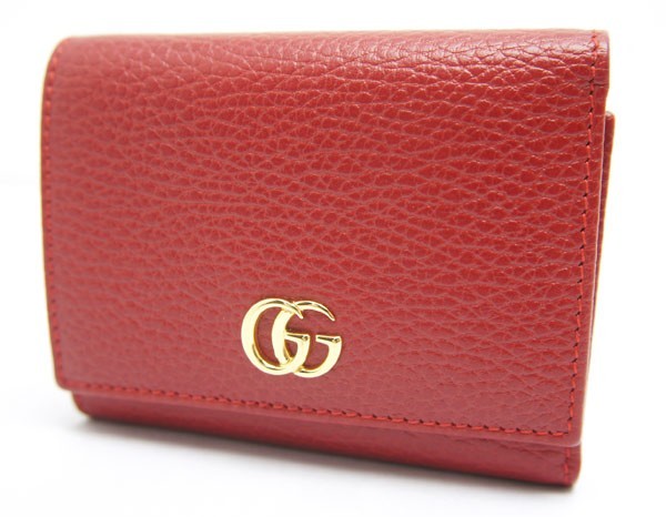 中古 良品 GUCCIグッチ 三つ折り財布 GG マーモント 474746 レザー レッド_画像1