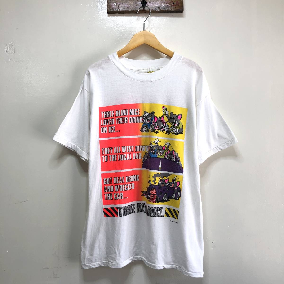 90S ヴィンテージ プリント Tシャツ メンズL THREE DEAD MICE. ホワイト シングルステッチ USA アメリカ古着