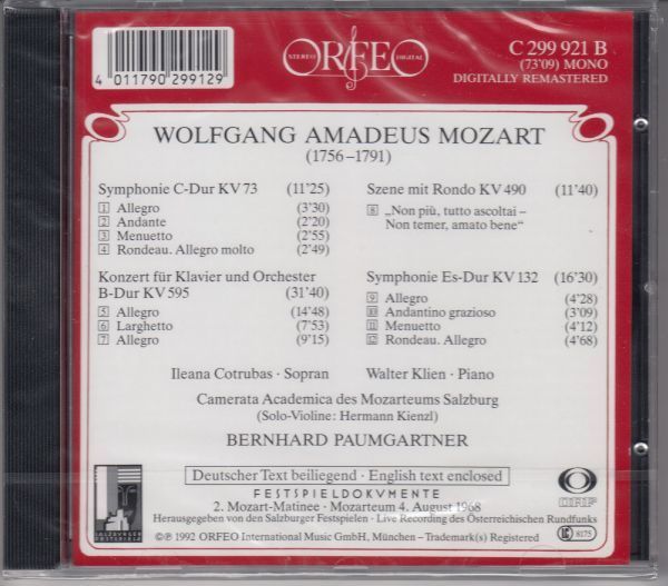 [CD/Orfeo]モーツァルト:ピアノ協奏曲第27番変ロ長調K.595他/W.クライン(p)&B.パウムガルトナー&モーツァルテウム室内アカデミー 1968.8.4_画像2