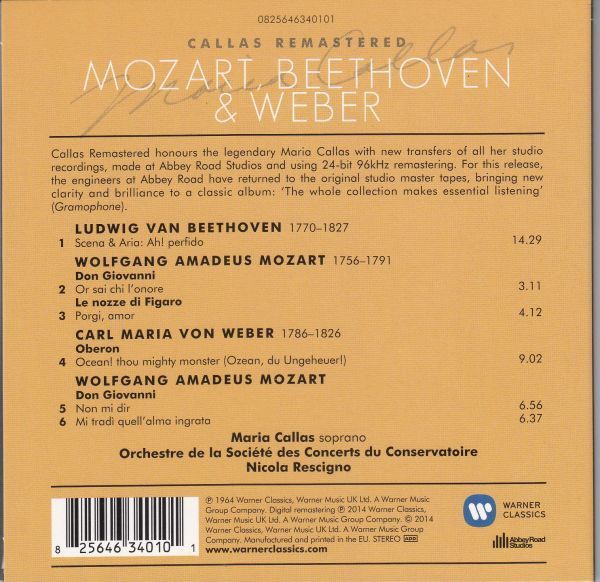 [CD/Warner]ベートーヴェン:『演奏会用アリア《ああ、不実な者よ》Op.65他/M.カラス(s)&N.レッシーニョ&パリ音楽院管弦楽団 1963-1964_画像2