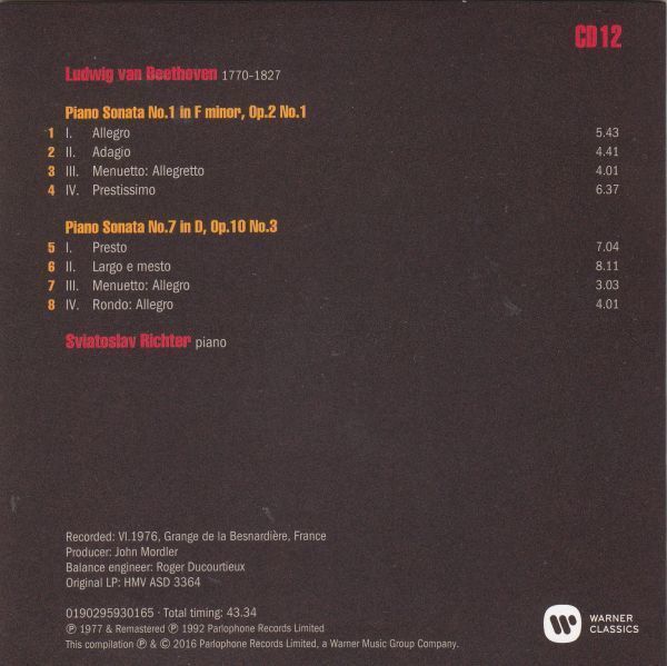 [CD/Warner]ベートーヴェン:ピアノ・ソナタ第1&7番/S.リヒテル(p) 1976_画像2