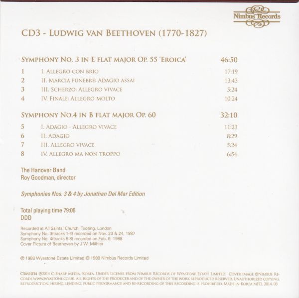 [CD/Nimbus]ベートーヴェン:交響曲第3&4番/R.グッドマン&ハノーヴァー・バンド 1987-1988_画像2