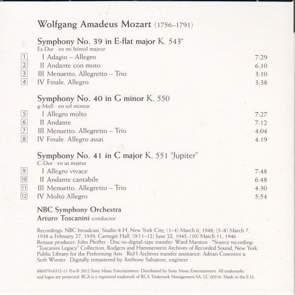 [CD/Rca]モーツァルト:交響曲第39-41番/A.トスカニーニ&ＮＢＣ交響楽団 1938-1948_画像2