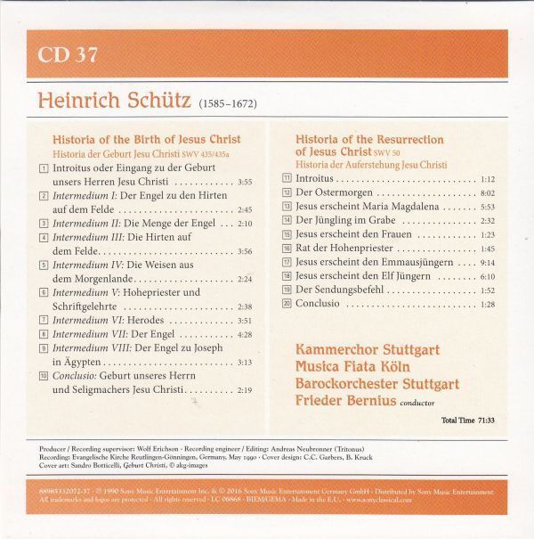 [CD/Sony]シュッツ:イエス・キリストの復活の物語 SWV.50他/F.ベルニウス&シュトゥットガルト・バロック管弦楽団 1990_画像2