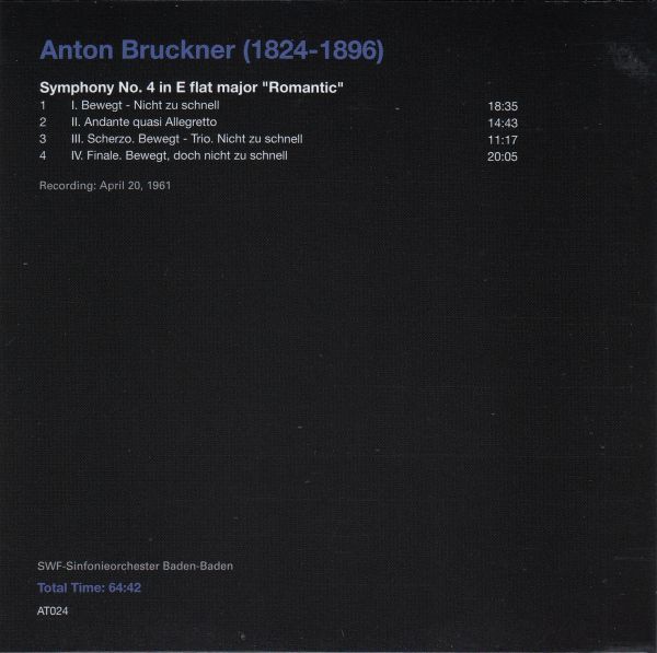 [CD/Artis]ブルックナー:交響曲第4番編ホ長調/H.ロスバウト&南西ドイツ放送交響楽団 1961.4.20_画像2