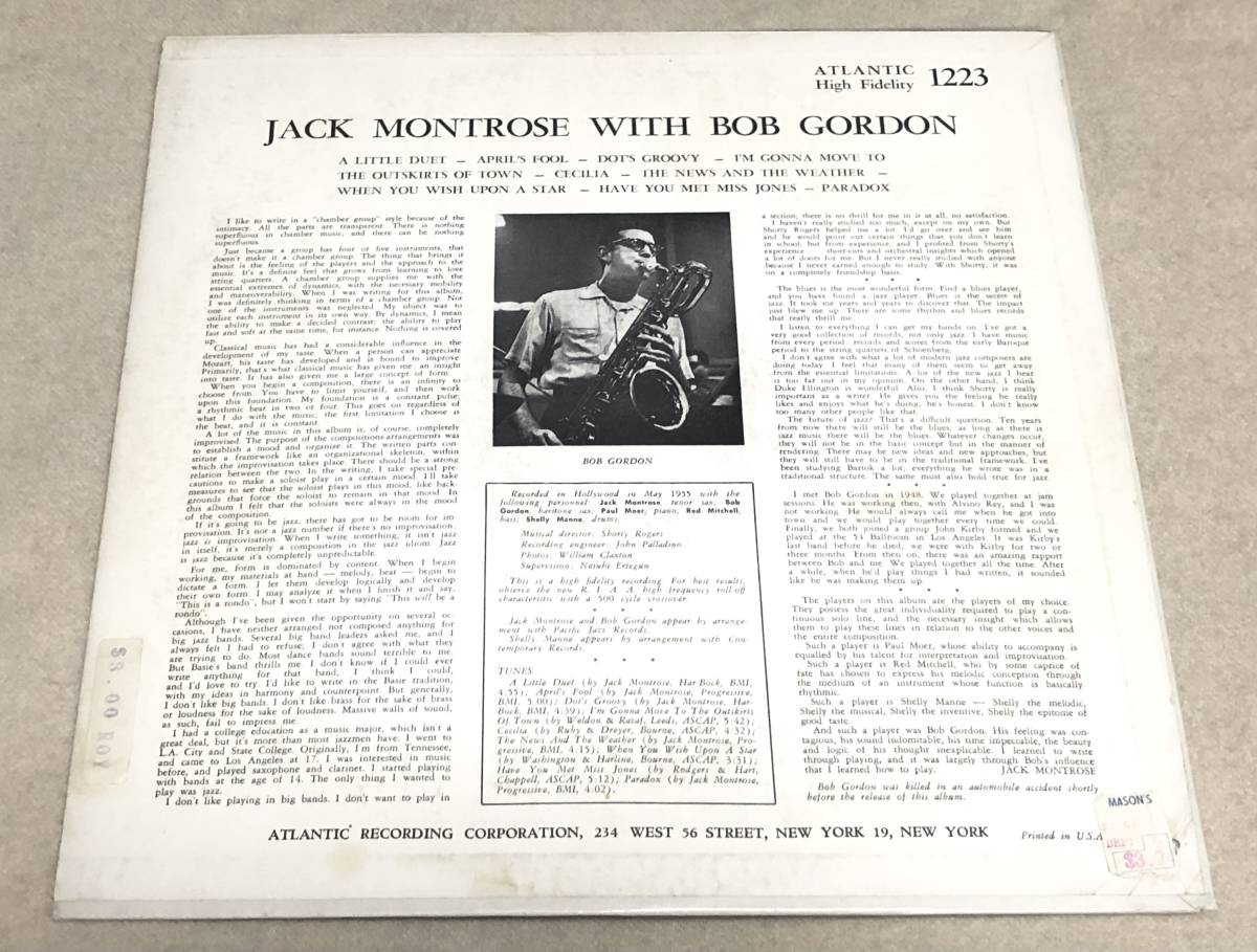 限定大幅値下●美再生！Mono深溝オリジJack Montrose / With Bob Gordon●西海岸傑作Shelly Manne,Red Mitchell_画像3