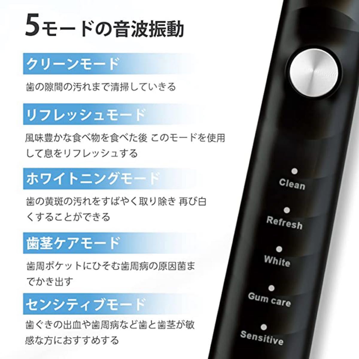 電動歯ブラシ 音波歯ブラシ ソニック USB充電式 IPX７防水 替えブラシ5本 5つのモード 歯ブラシ 電動歯磨き