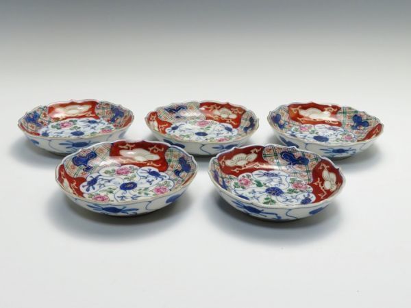[995] Meiji времена чай . камень инструмент Seto красный .. цветок бобы тарелка 5 покупатель! магазин .! покупка товар!