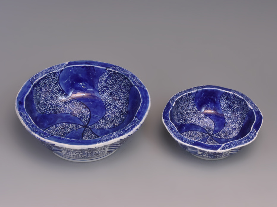 古伊万里 染付捻子文重ね鉢 ベロ藍 明治期 古陶磁器 美品 時代 懐石