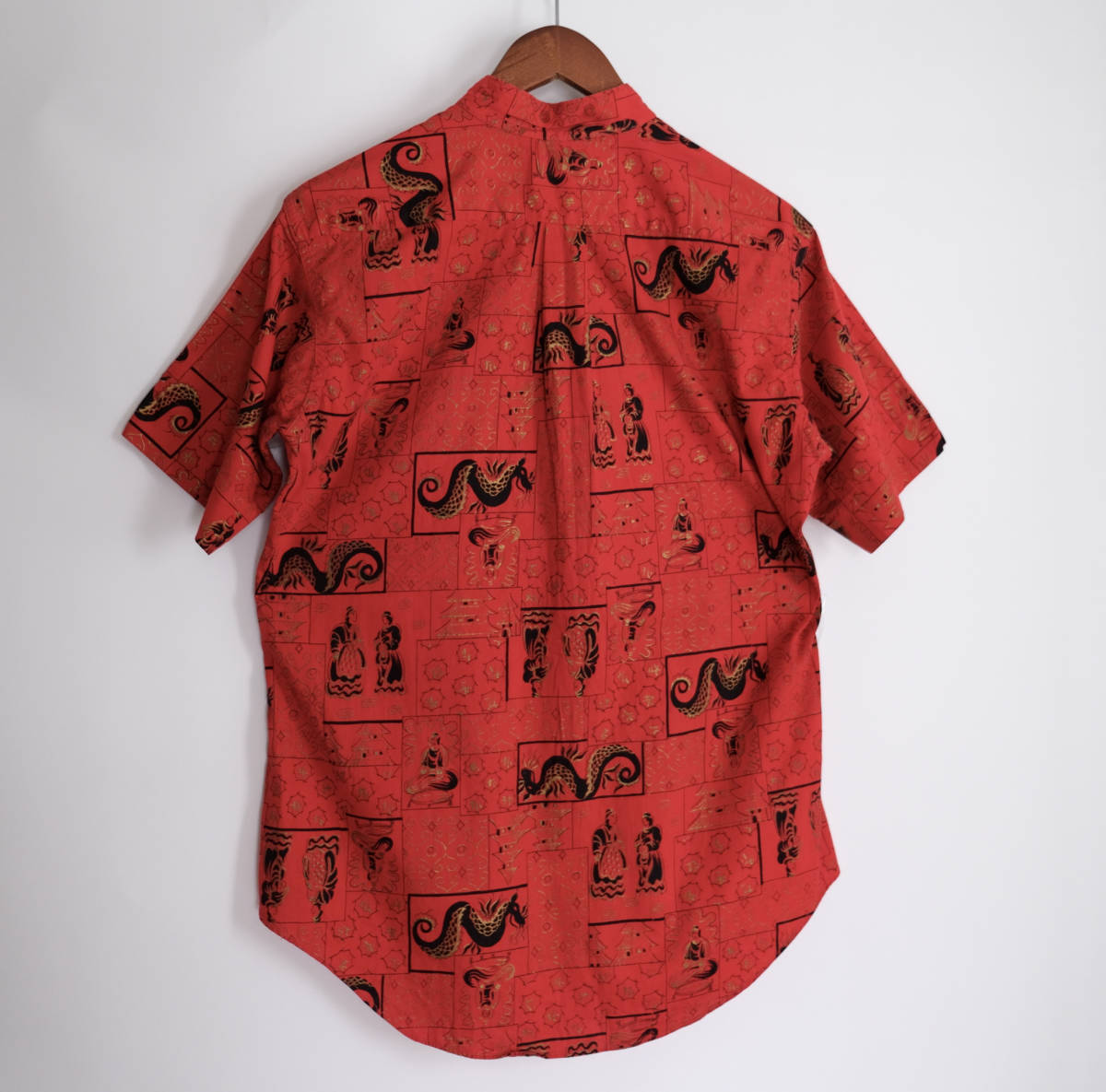 60s70s【 Ridgeway 】ビンテージ コットン バンドカラー チャイナ柄 半袖シャツ / レッド 赤 / M / 龍_画像10
