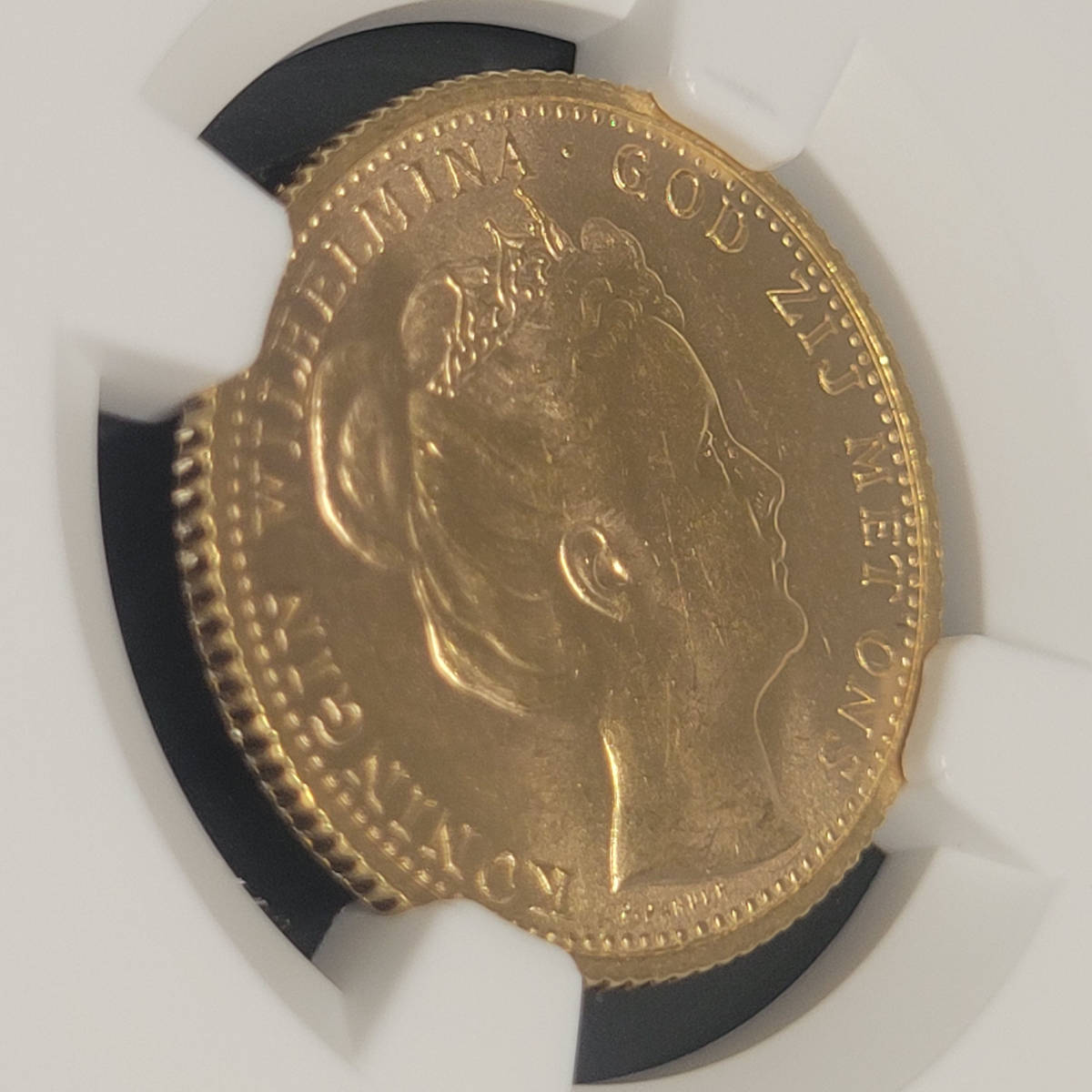 【レアコイン】1898 オランダ 金貨 ウィルヘルミナ女王 即位記念 青年期 NGC MS63 10グルデン ギルダー アンティークコイン_画像5