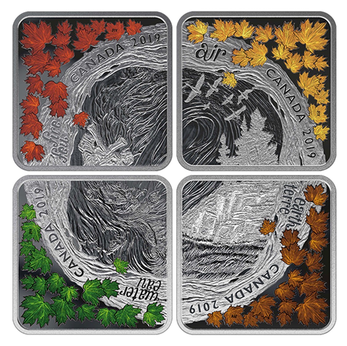 2019 カナダ 自然の４要素 パズル型 3ドル 正方形 プルーフカラー銀貨 ...