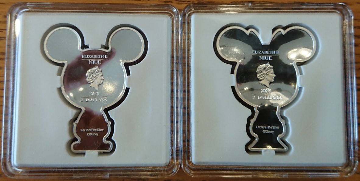 2021 ニウエ チビコイン ディズニーシリーズ 第1&2弾 ミッキーマウス&ミニーマウス型 1オンス プルーフカラー銀貨 セット